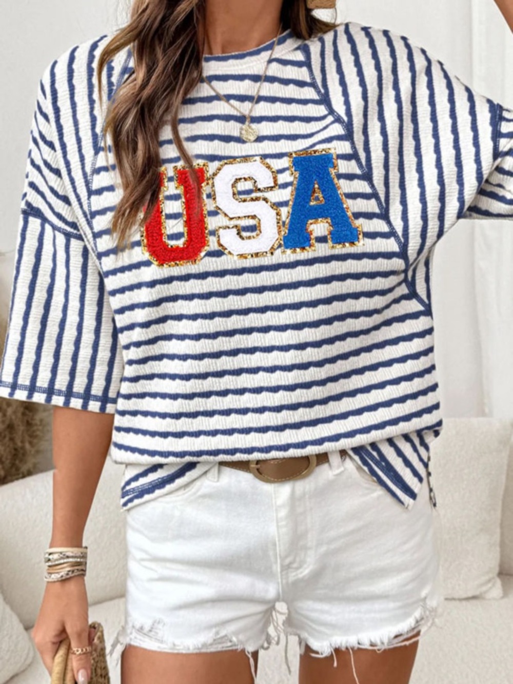 S2-Navy Striped Knit Top with USA Patch